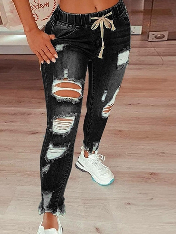 Damen Jeans mit Destroyed-Details und Kordelzug FH188
