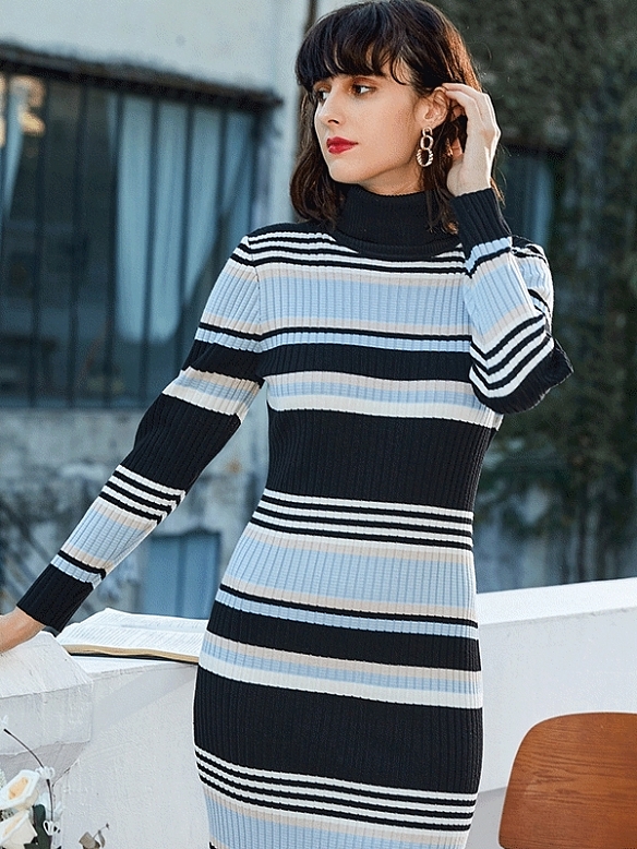 Damen Figurbetontes Strickkleid mit hochgeschlossenem Ausschnitt FK008 