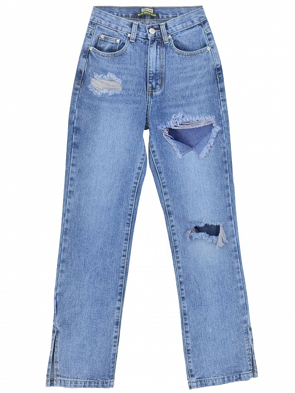 Damen Straight High Jeans mit Destroyed-Details FH178