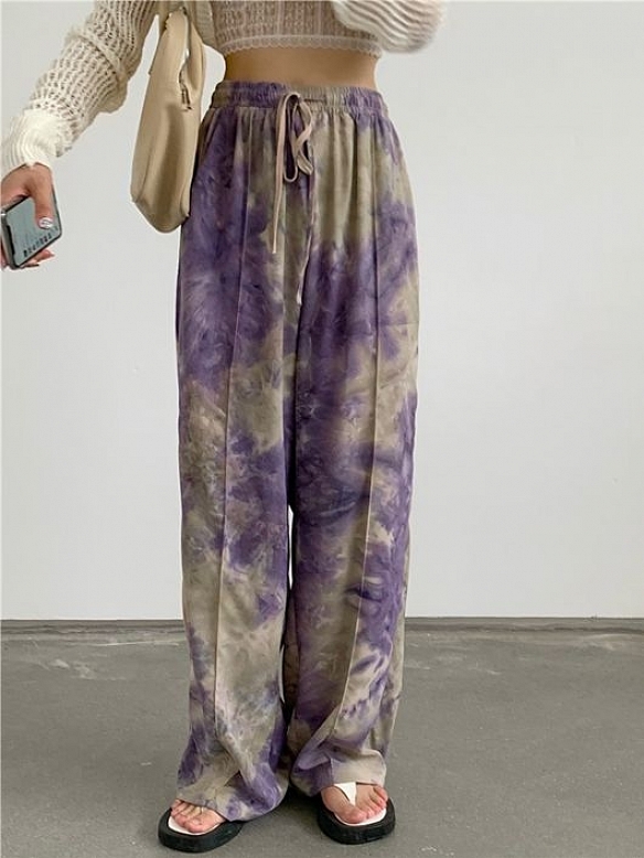 Damen Batik High Waist Freizeit Hose mit weitem Bein FH006