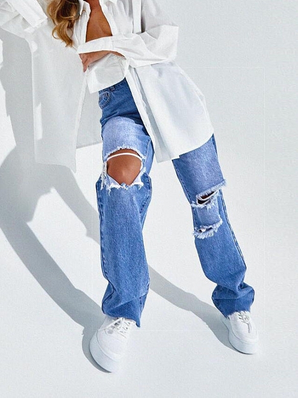 Damen 90s Straight High Jeans mit Riss FH183