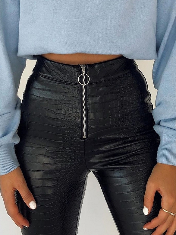 Damen Krokodilmuster Hose aus Lederimitat mit Zippern FH136