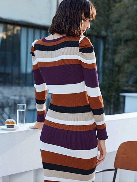 Damen Figurbetontes Strickkleid mit Farbblock FK007