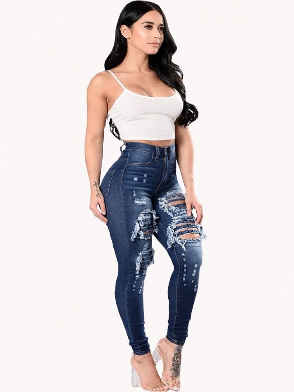 Damen Skinny High Jeans mit Destroyed-Details FH156