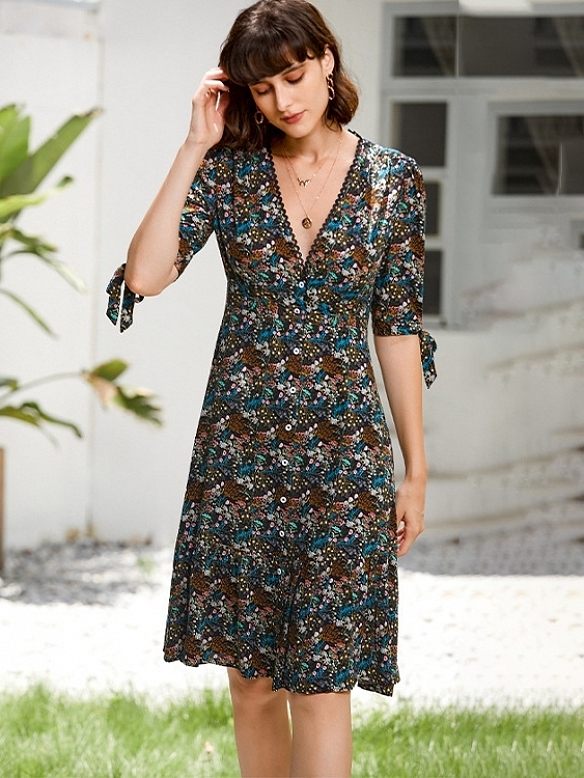 Damen Geblümtes Kleid in A-Linie FK005