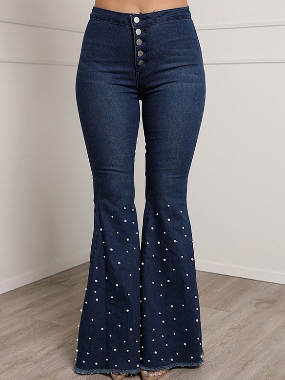 Damen Ausgestellte Jeans mit Kunstperlen FH222