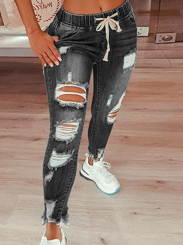 Damen Jeans mit Destroyed-Details und Kordelzug FH188