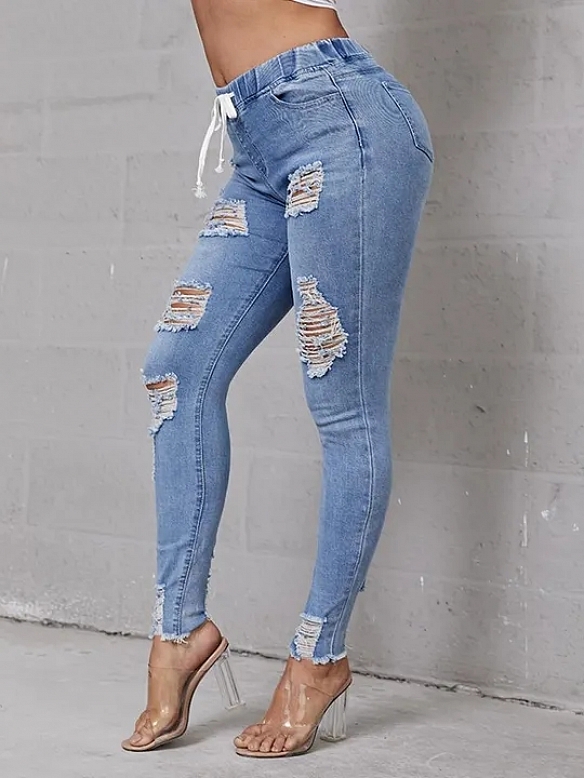 Damen Jeans mit Destroyed-Details und Kordelzug FH188