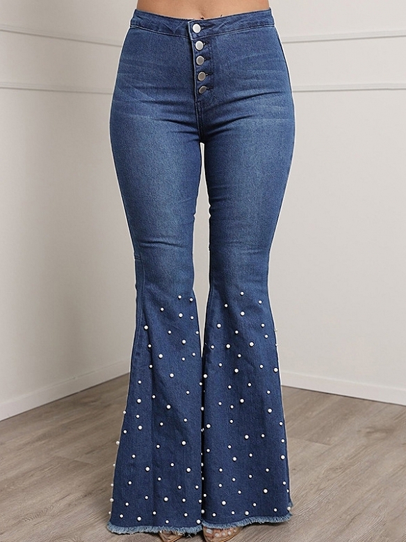 Damen Ausgestellte Jeans mit Kunstperlen FH222