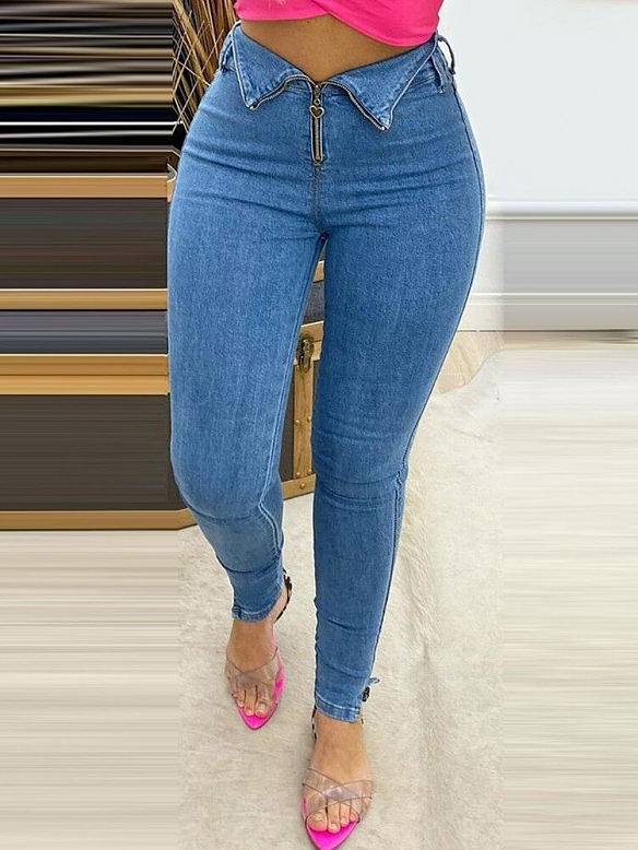 Damen Skinny High Jeans mit Zippern FH142