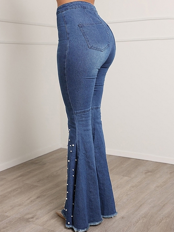 Damen Ausgestellte Jeans mit Kunstperlen FH222