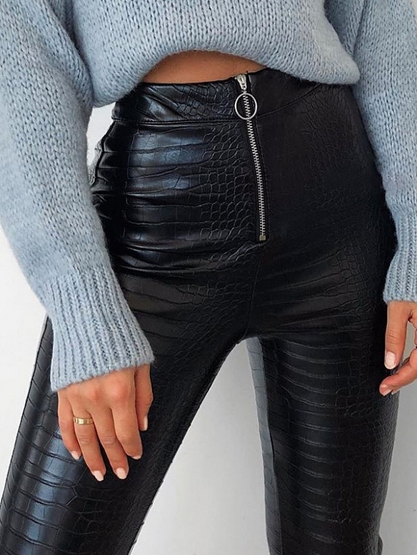 Damen Krokodilmuster Hose aus Lederimitat mit Zippern FH136