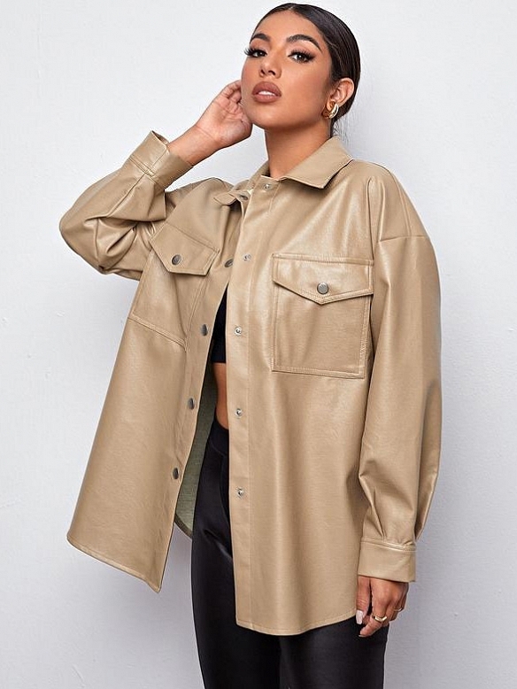 Damen PU Leder Jacke mit Knöpfen FT060