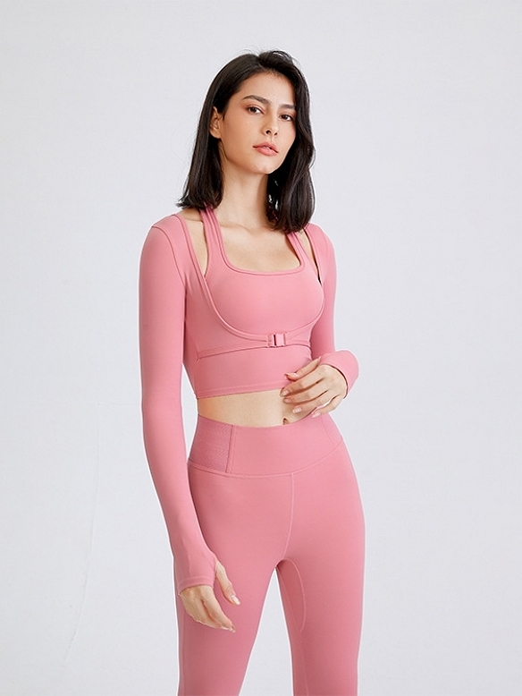 Damen Zweilagiges Sporttop mit BH Cropped Sportshirt FT063