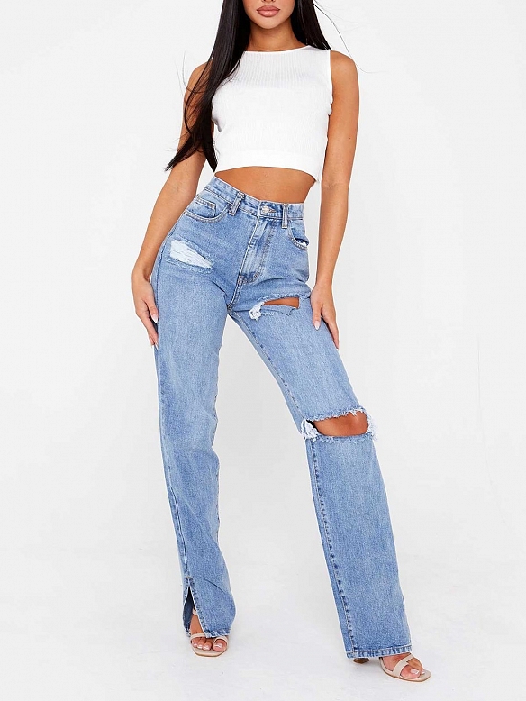 Damen Straight High Jeans mit Destroyed-Details FH178