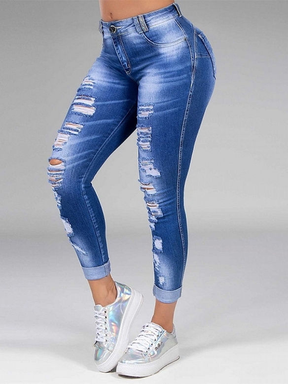 Damen Skinny Regular Jeans mit Destroyed-Details FH163