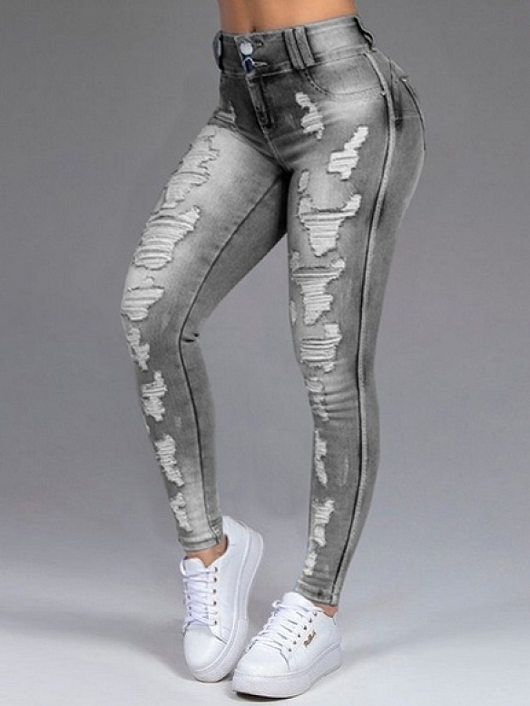 Damen Skinny Regular Jeans mit Destroyed-Details FH161