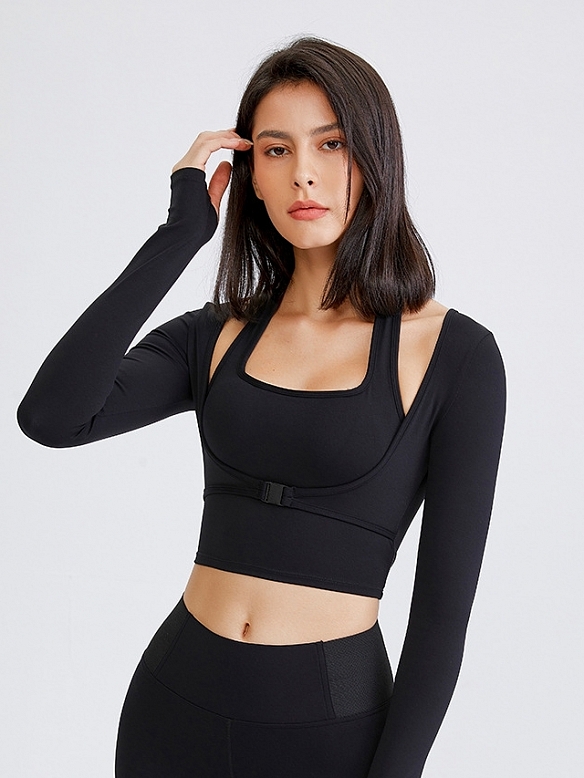 Damen Zweilagiges Sporttop mit BH Cropped Sportshirt FT063