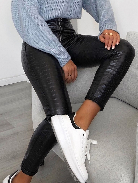 Damen Krokodilmuster Hose aus Lederimitat mit Zippern FH136