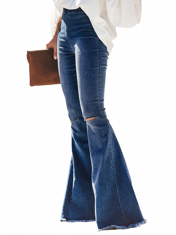 Damen Klassische Hohe elastische Ausgestellte Jeans FH236