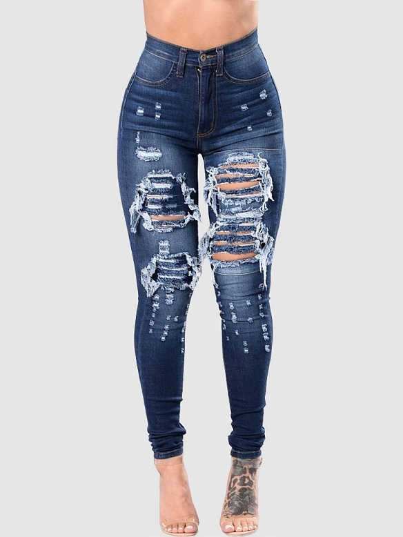 Damen Skinny High Jeans mit Destroyed-Details FH156