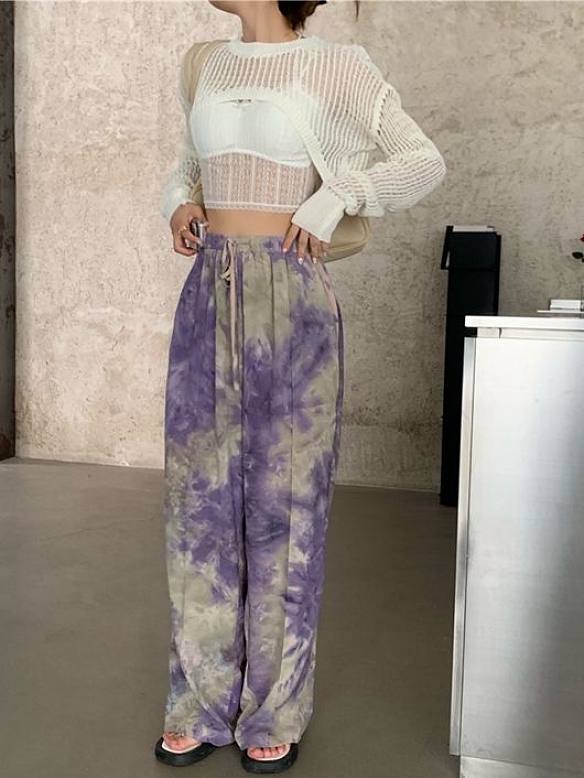 Damen Batik High Waist Freizeit Hose mit weitem Bein FH006