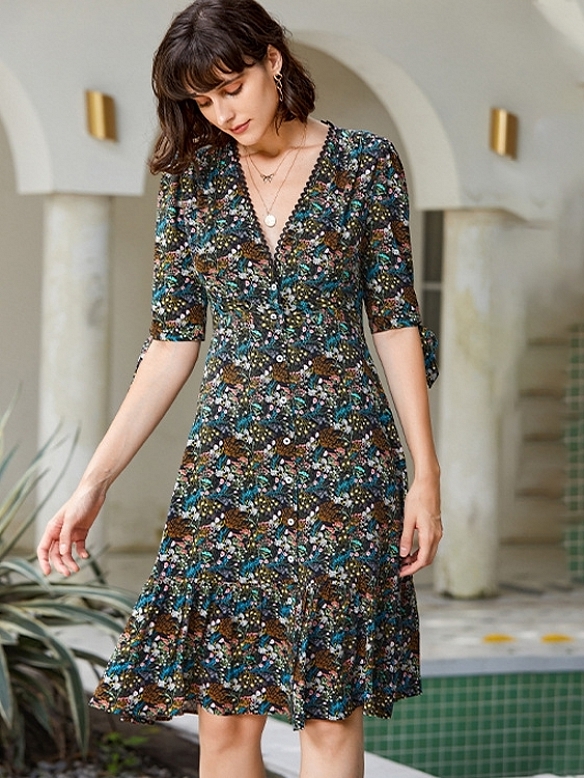 Damen Geblümtes Kleid in A-Linie FK005