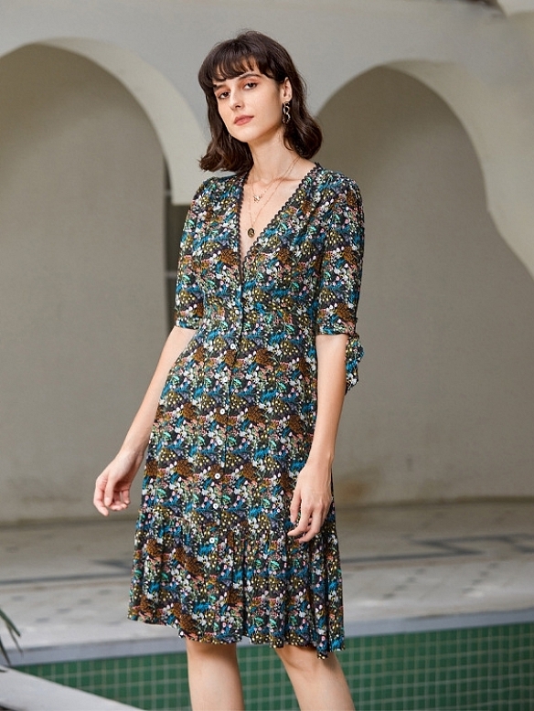 Damen Geblümtes Kleid in A-Linie FK005