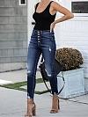 Damen Vintage Slim High Jeans mit Knöpfen FH194