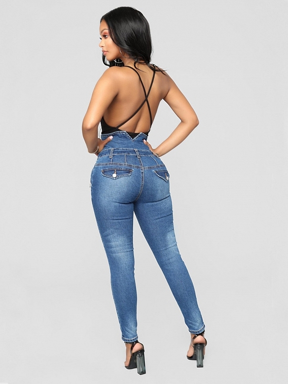 Damen Skinny High Jeans mit Knöpfen FH202