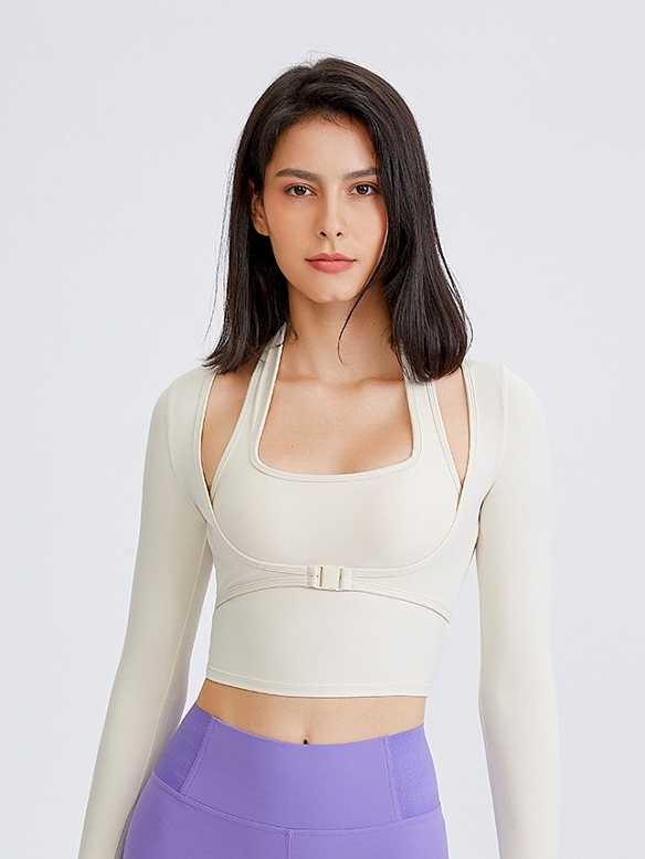 Damen Zweilagiges Sporttop mit BH Cropped Sportshirt FT063