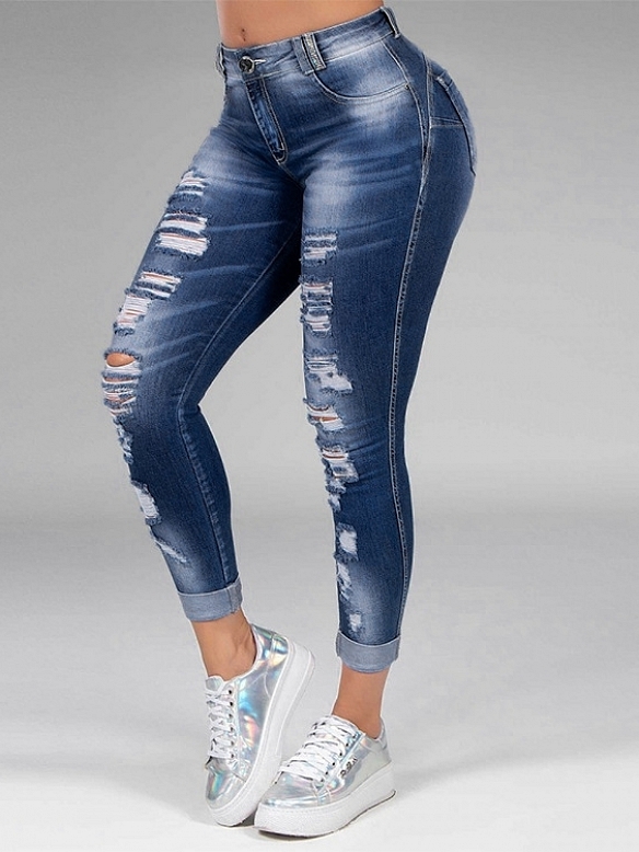 Damen Skinny Regular Jeans mit Destroyed-Details FH163