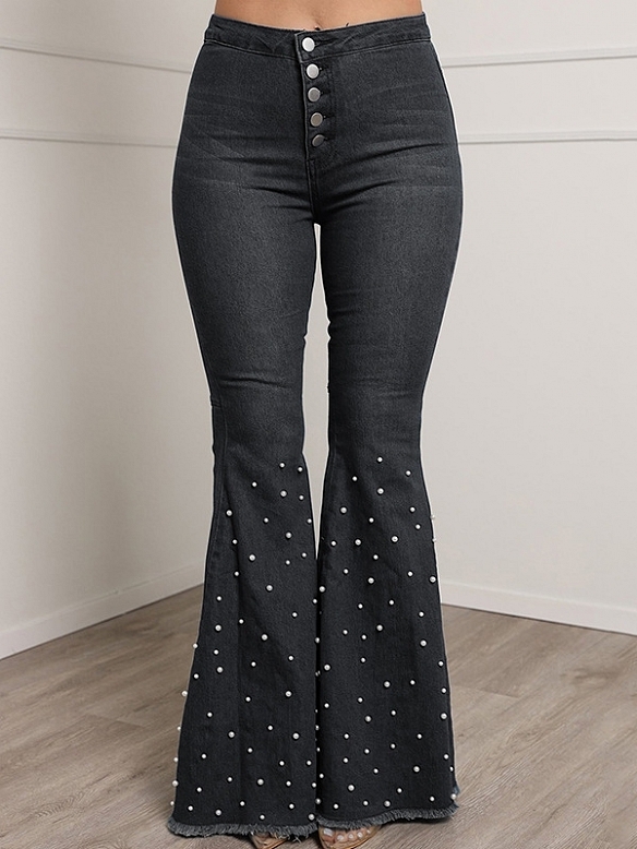 Damen Ausgestellte Jeans mit Kunstperlen FH222