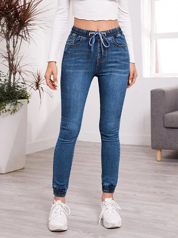 Damen Skinny High Jeans mit Kordelzug FH096