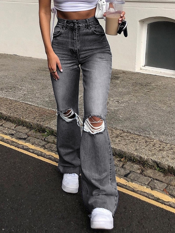 Damen High Waist Ausgestellte Jeans mit Destroyed-Details FH158