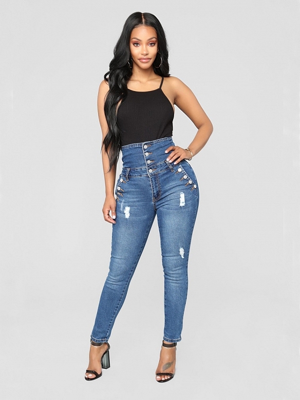 Damen Skinny High Jeans mit Knöpfen FH202
