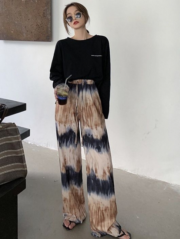 Damen Batik High Waist Freizeit Hose mit weitem Bein FH006