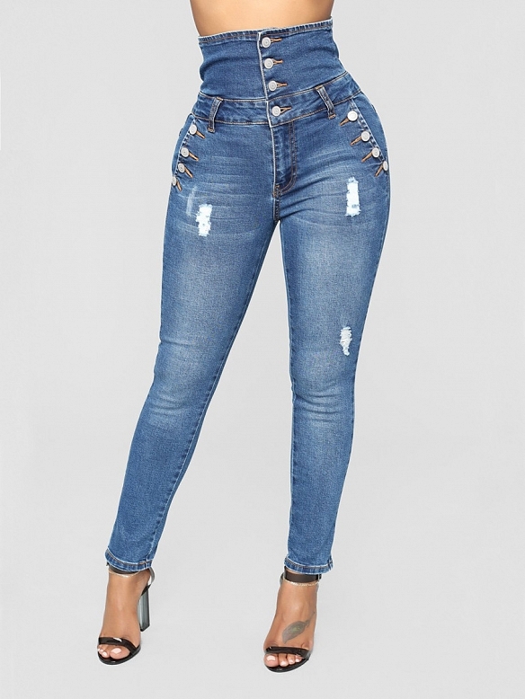 Damen Skinny High Jeans mit Knöpfen FH202