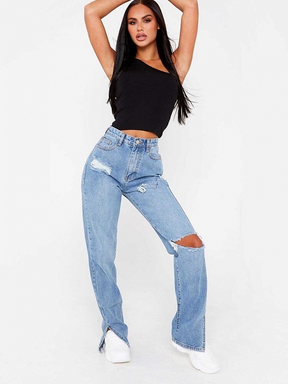 Damen Straight High Jeans mit Destroyed-Details FH178