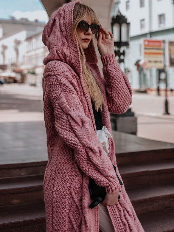 Damen Langer Cardigan mit Kapuze FT036