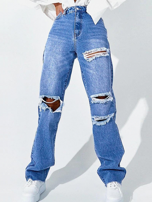 Damen 90s Straight High Jeans mit Riss FH183