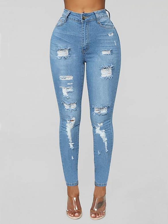 Damen Skinny High Jeans mit Destroyed-Details FH099